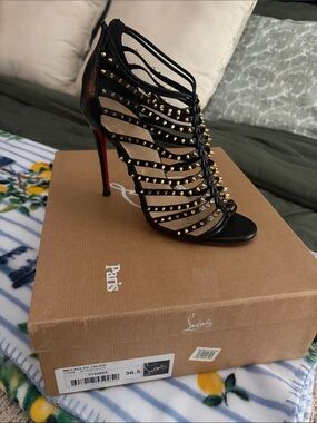 Christian Louboutin Black Gold-Stud Strappy Cage Stiletto Sandals